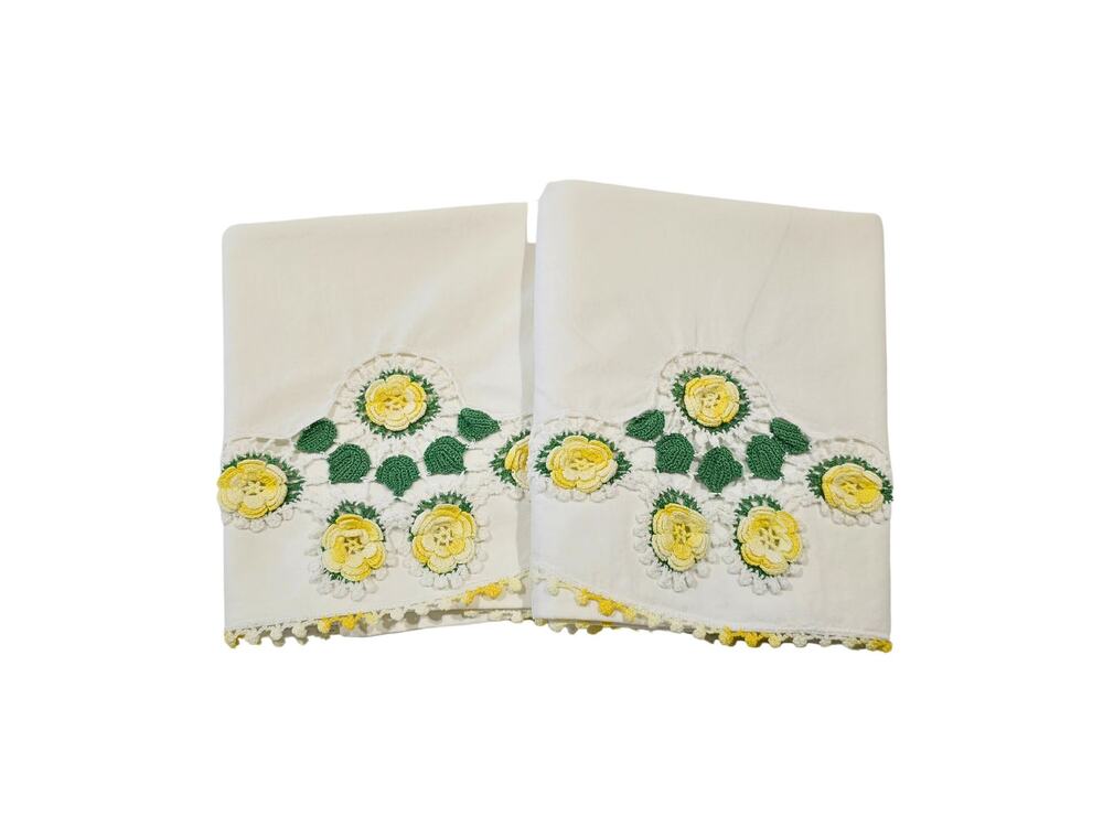 Vintage Crochet White Pillowcase Set of 2 with Yellow Roses & Green Leaves